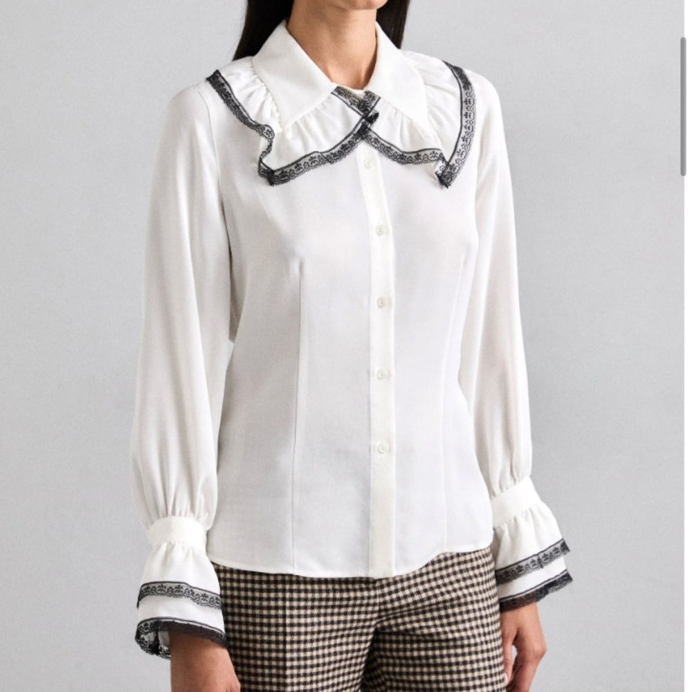 The Kooples Women’s Chemise Silk Ruffled Collar Cuffs Button Down Blouse New L